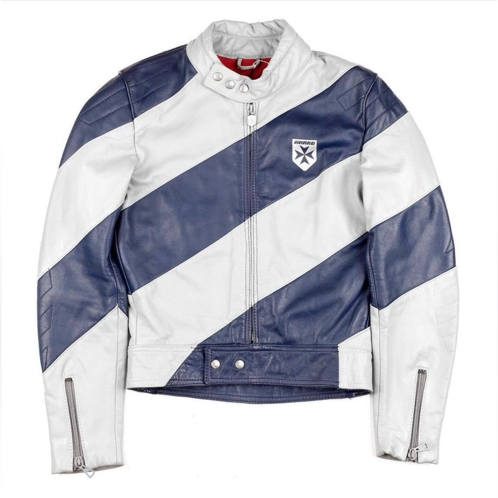 RARE Harro Kombi Leather Moto Sport Jacket Stripes Grey Navy German Motosport S